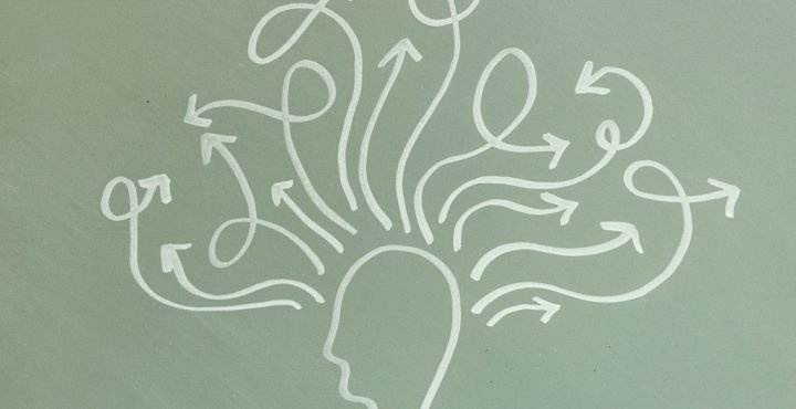 Drawn human head with arrows explaining how to break the cycles of negative thoughts